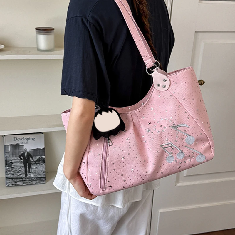 Handtasche mit seitlichem Reißverschluss und Musiknoten-Sternmuster, koreanische Nylon-Umhängetasche, süße, lässige, einfarbige Damen-Einkaufstasche für die Arbeit – Detail 17