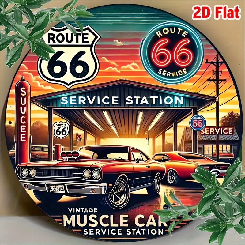2D plano, 2D plano 1 pieza, decoración de habitación redonda Ruta 66 Estación de servicio de coche muscular vintage Cartel de chapa de metal, 8x8 pulgadas (20x20 cm), alumbre retro