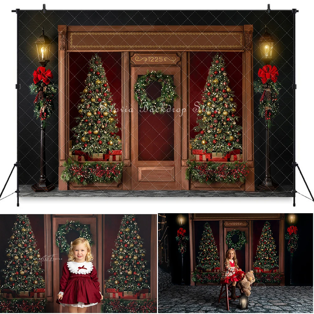 

Christmas Tree Store Photography Backdrops Kids Baby Portrait Photo Background Street Lamps Green Wreath Photo Studio Props