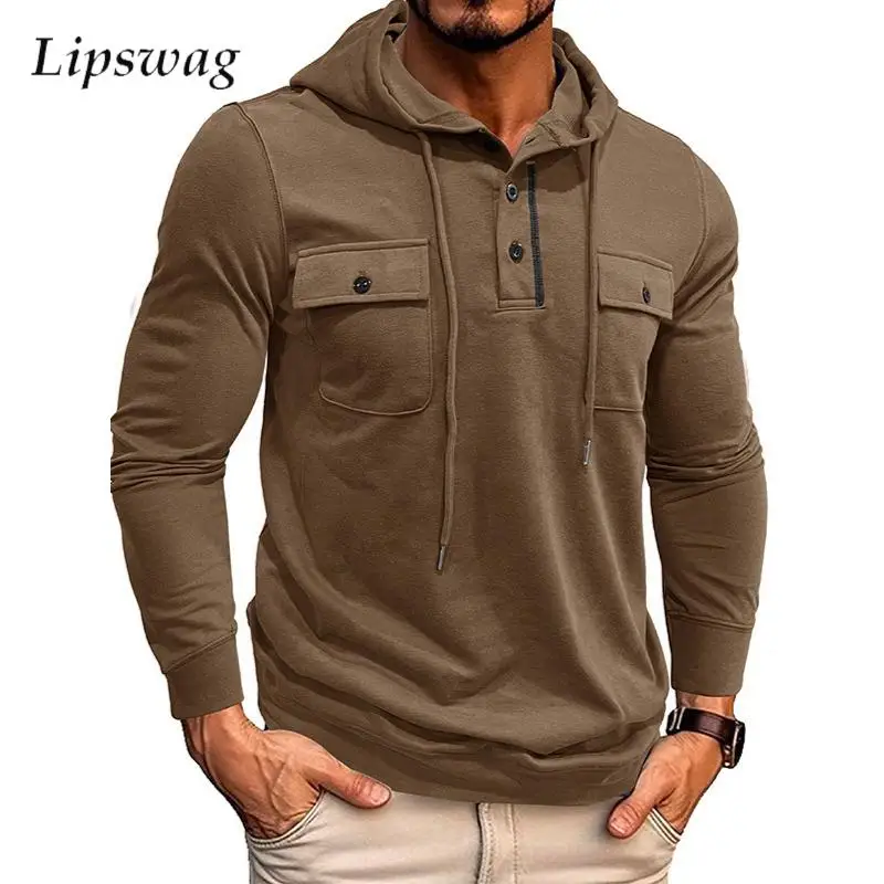 

2024 Autumn Streetwear Men Hoodies Casual Long Sleeve Drawstring Hooded Sweatshirts For Mens Fashion Solid Color Pockets Hoodie