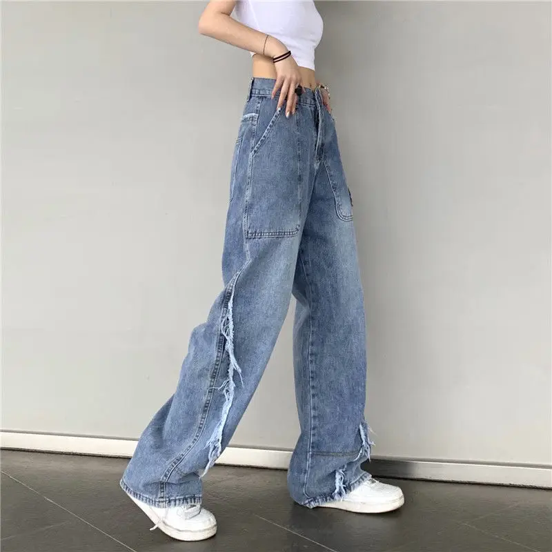 Blast Street Raw Edge Jeans Women's Spring Summer New High Waist Straight Pants Fashion Loose Wide-Leg Pants Female Jeans