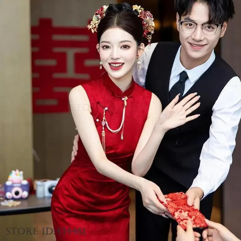 

Burgundy Jacquard Sleeveless Qipao Bride Wedding Party Dress New Chinese Style Female Long Cheongsam Sexy Slim Split Vestidos