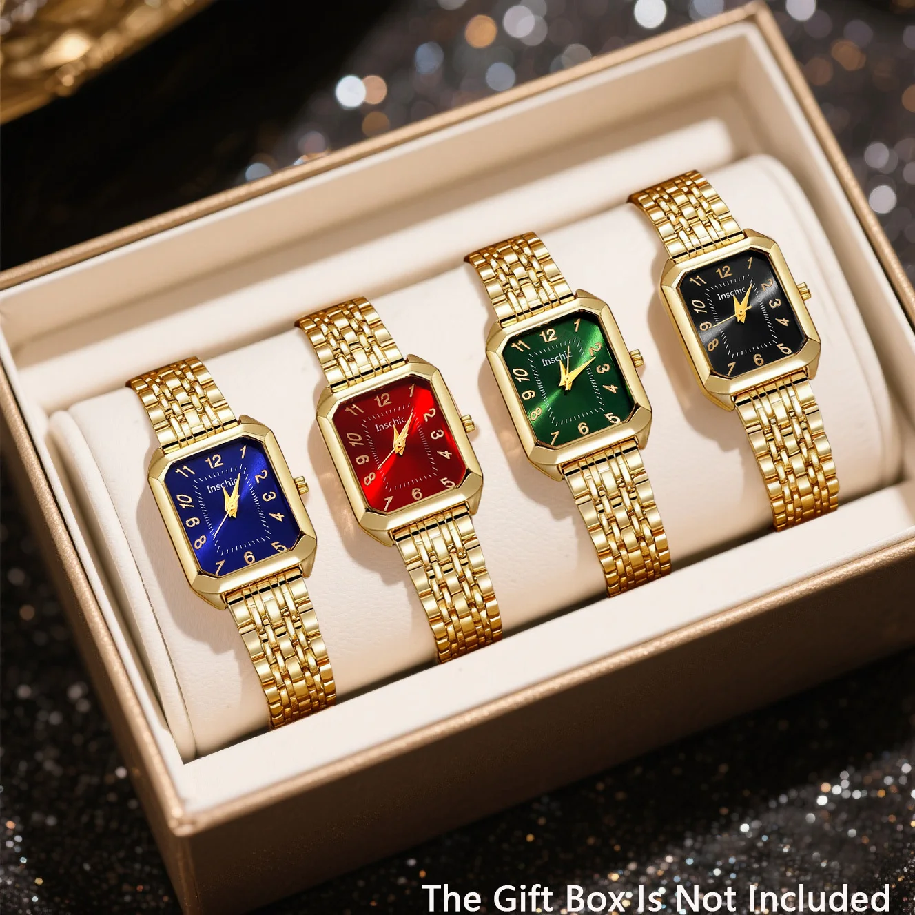 4-piece ladies' square watch set, perfect for gifting to family and friends, exuding a high-end, sophisticated and upscale vibe