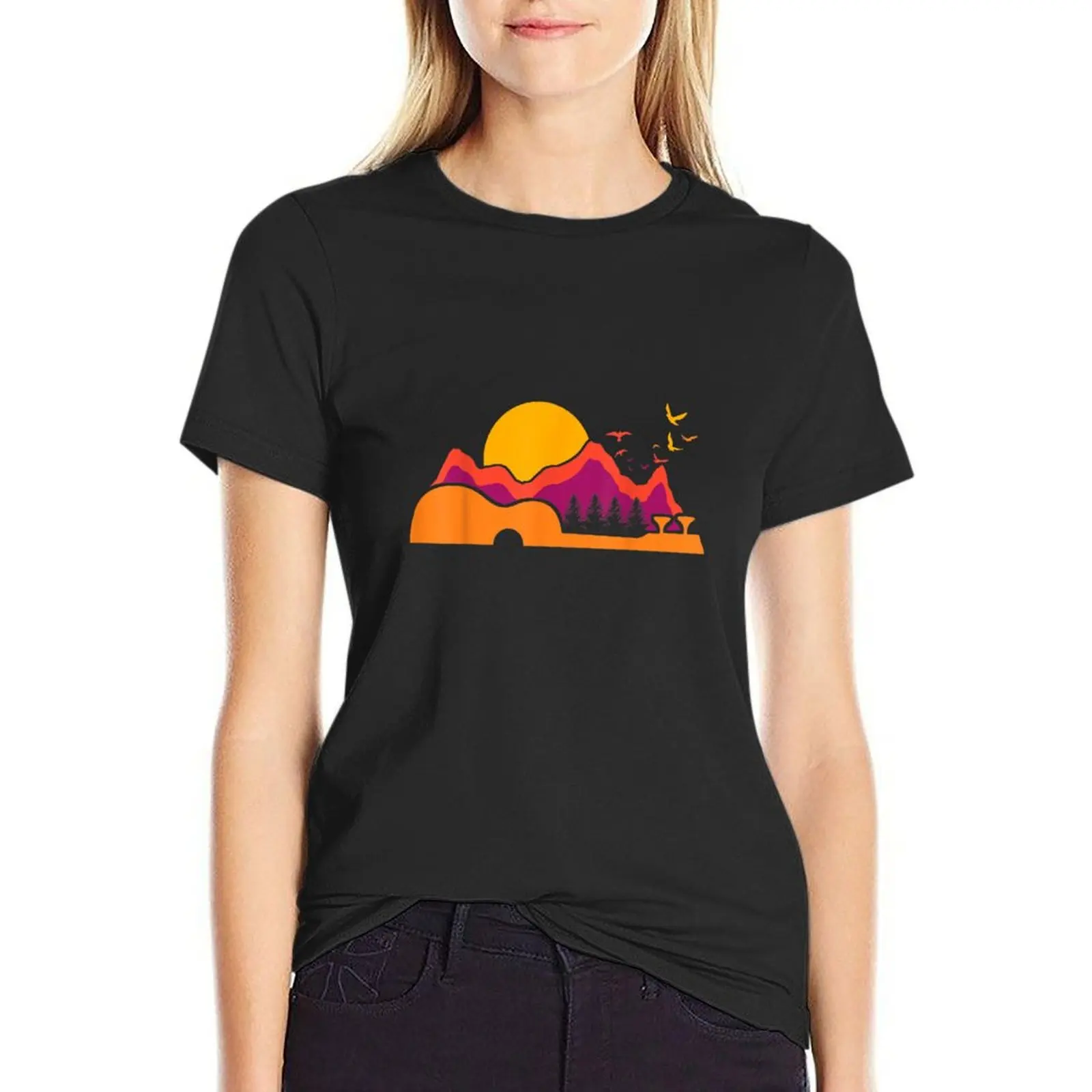 Uke Ukulele Player Sun Mountains T-Shirt summer tops Short sleeve tee quick drying t-shirt dress for Women long