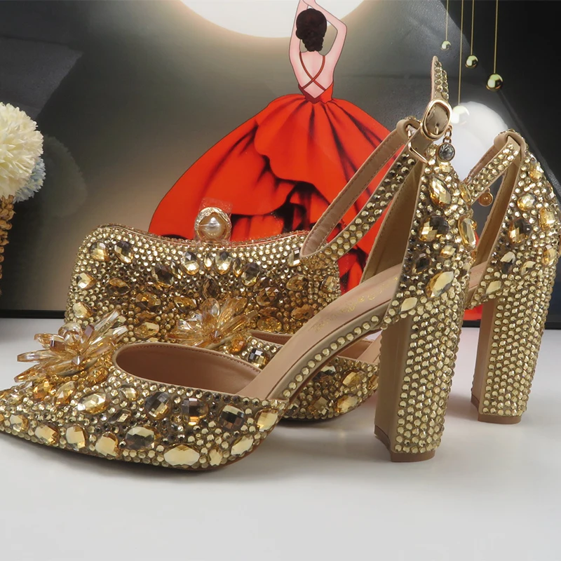 BaoYaFang Champagne Gold Wedding shoes and purse for Women Bridal Fashion High Pumps Party Shoe and bag Ankle Strap