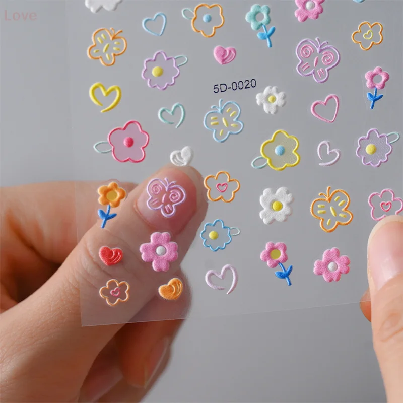 [L&P] الدوبامين الملونة الإغاثة ملصقات الأظافر الكرتون خط زهرة الوردي الحلو نمط لطيف مسمار ملصق مسمار الفن DIY الديكور