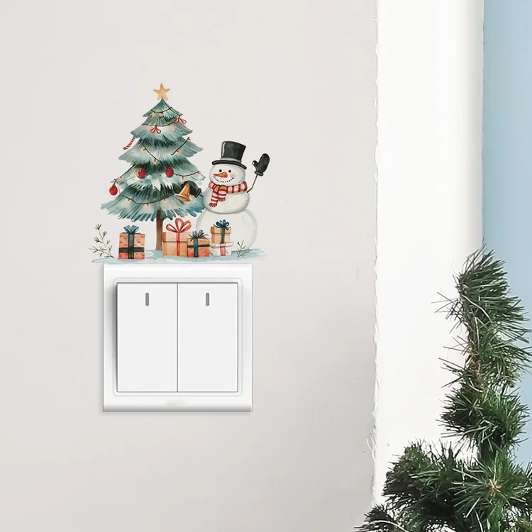 Cartoon Weihnachtsbaum Schneemann Schalteraufkleber Raumsteckdosen-Dekoration Wandbild Festliche Dekoration Selbstklebend für Neujahr Wanddekorationen – Detail 2
