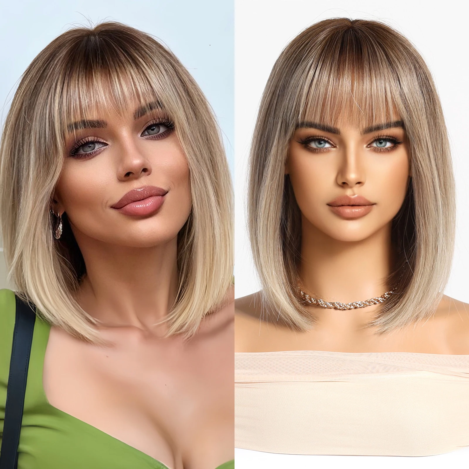 Blonde Unicorn Short Bob Synthetic Wigs Ombre Dark Root to Blonde with Bang Natural Hair Colorful Women Wig Heat Resistant Fiber