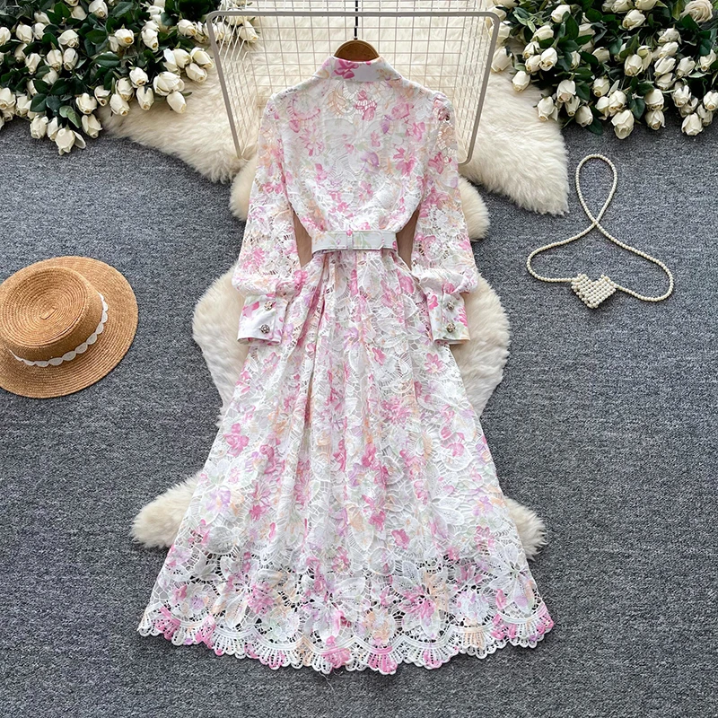 Women's  Dress Fall Spring Floral Lace Long Sleeve Wrap Waist Bandage Elegant Formal Premium Sophisticated Vibe Mid Length DS627