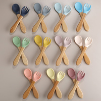 2pcs/set Tableware Baby Spoon Fork Set Children's Silicone Wooden Feeding Training Baby Dinnerware Cutlery Baby Feeding Supplies