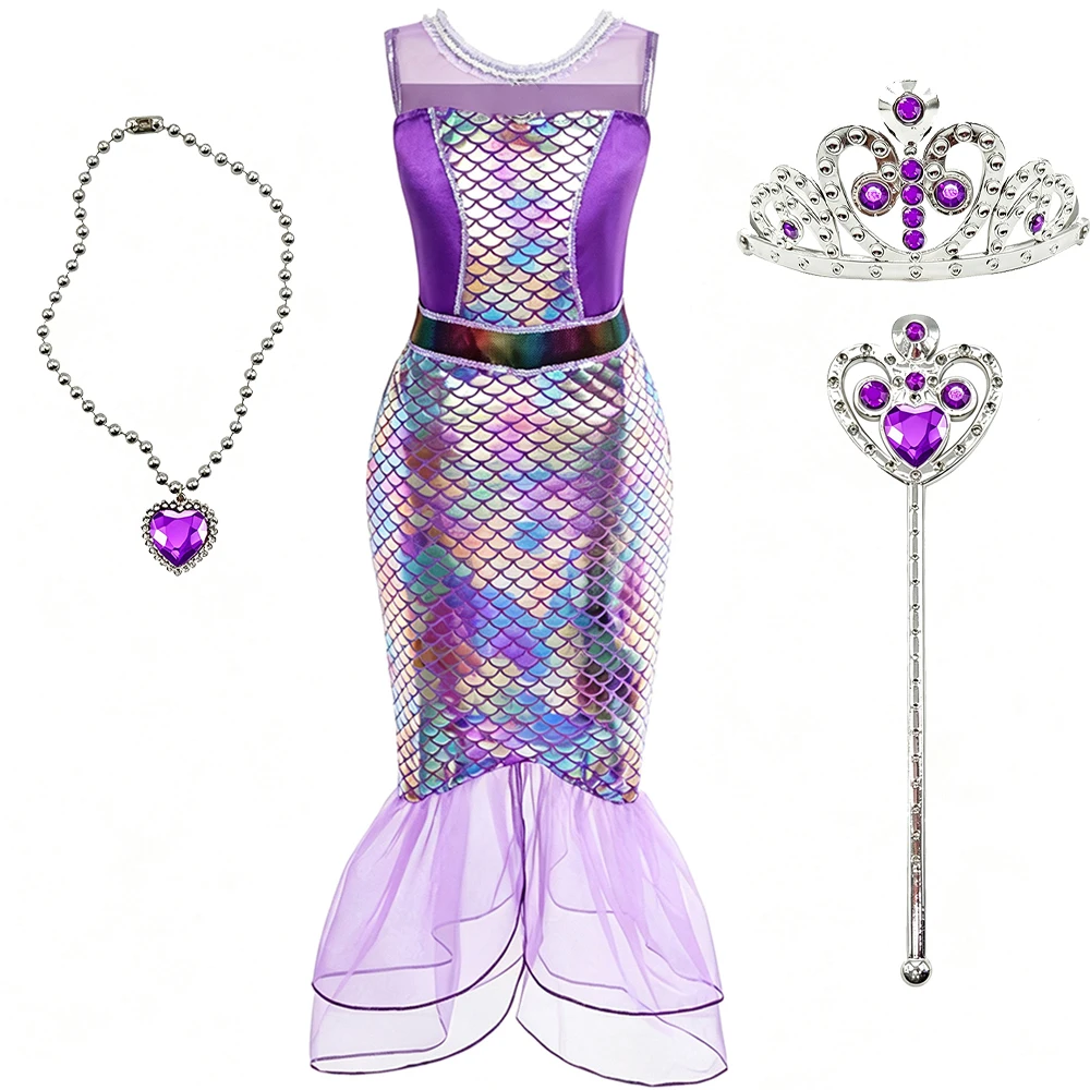 Mädchen Meerjungfrauen-Kostüm-Set mit Zauberstab, Krone, Halskette und Haarreif für Halloween, Karneval, Geburtstagsfeier, Geschenk – Detail 6