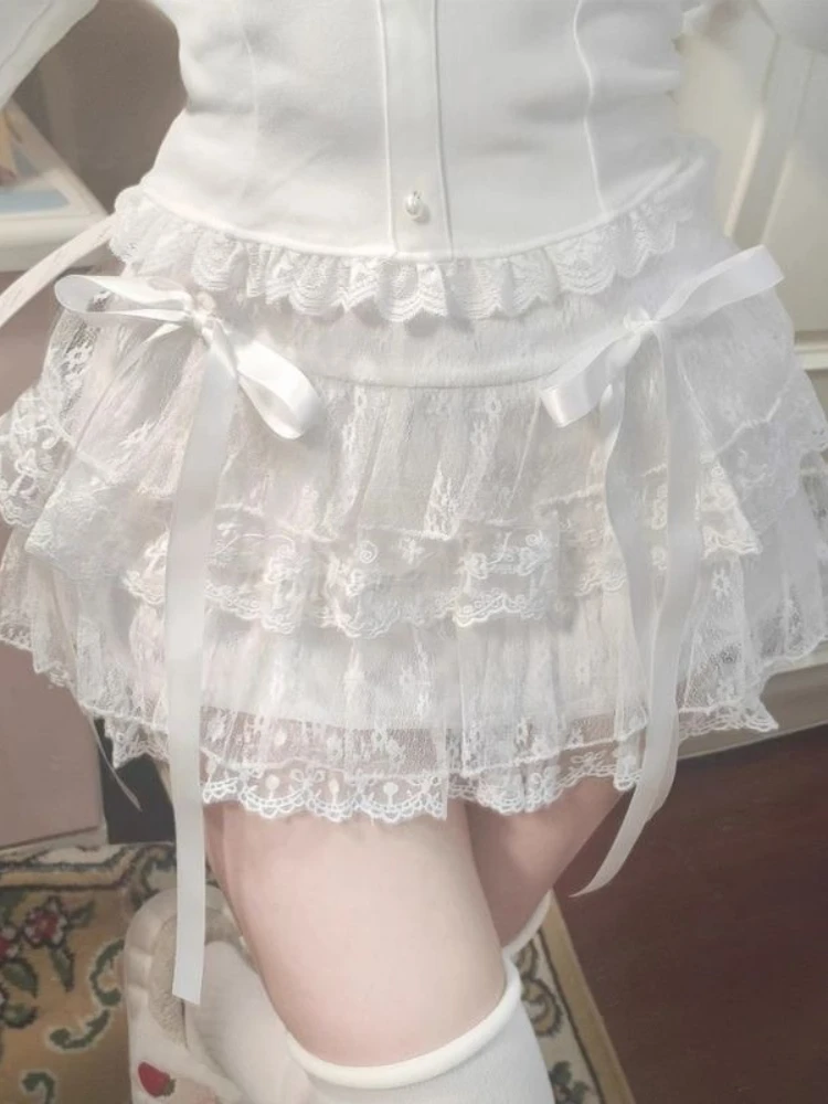 Deeptown Sweet Kawaii Skirts Women Lolita Coquette Lace Bow Patchwork Mini Skirt White High Waist Cute Summer A-line Short Skirt