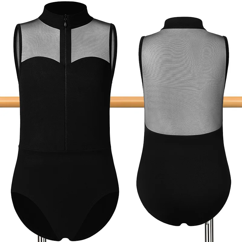 المرأة الياقة المدورة بلا أكمام بروتيل الباليه الرقص ثياب للكبار والأطفال الجمباز تانك القمم مع سحاب وشبكة لصق الظهر