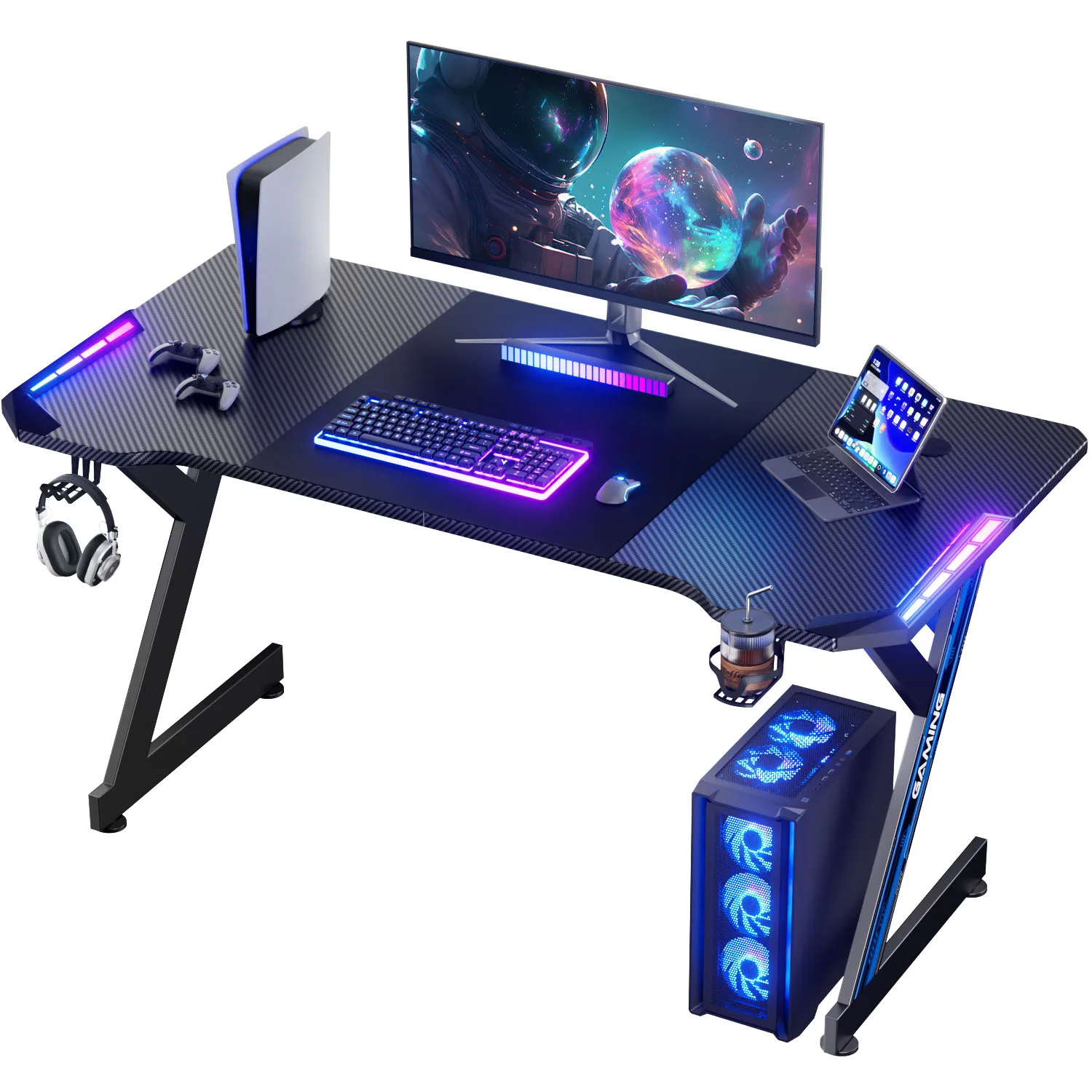 Gaming-Schreibtisch mit RGB-LED-Beleuchtung, Gaming-Tisch mit Carbonfaser-Oberfläche, Y-förmiger Gaming-Computertisch mit Getränkehalter und Kopfhörerhaken, verstellbaren Nivellierfüßen für