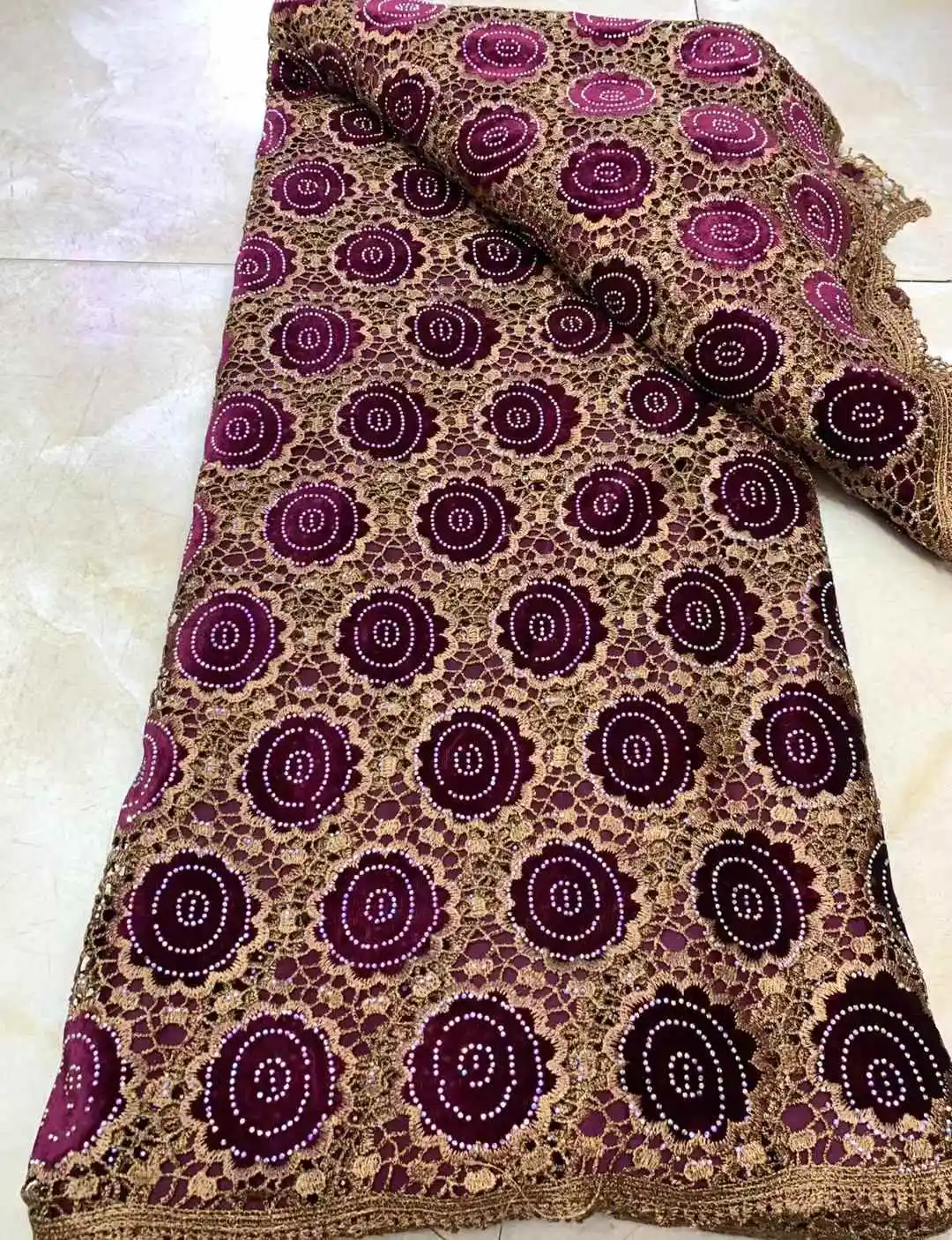 High Quality African Nigerian Velvet Lace Fabric For Sewing Velvet Stones Embroidered Lace Fabric For Wedding Party Dress 5Yards