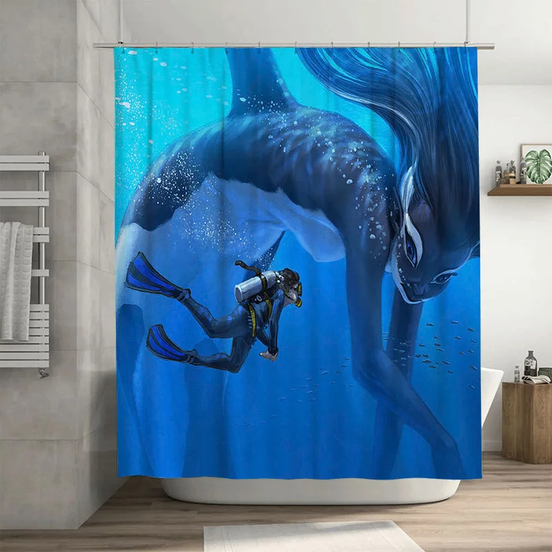 

Underwater Adventure: Unique Blue Mermaid Shower Curtain Diving Scuba Diver Decor for Bathrooms