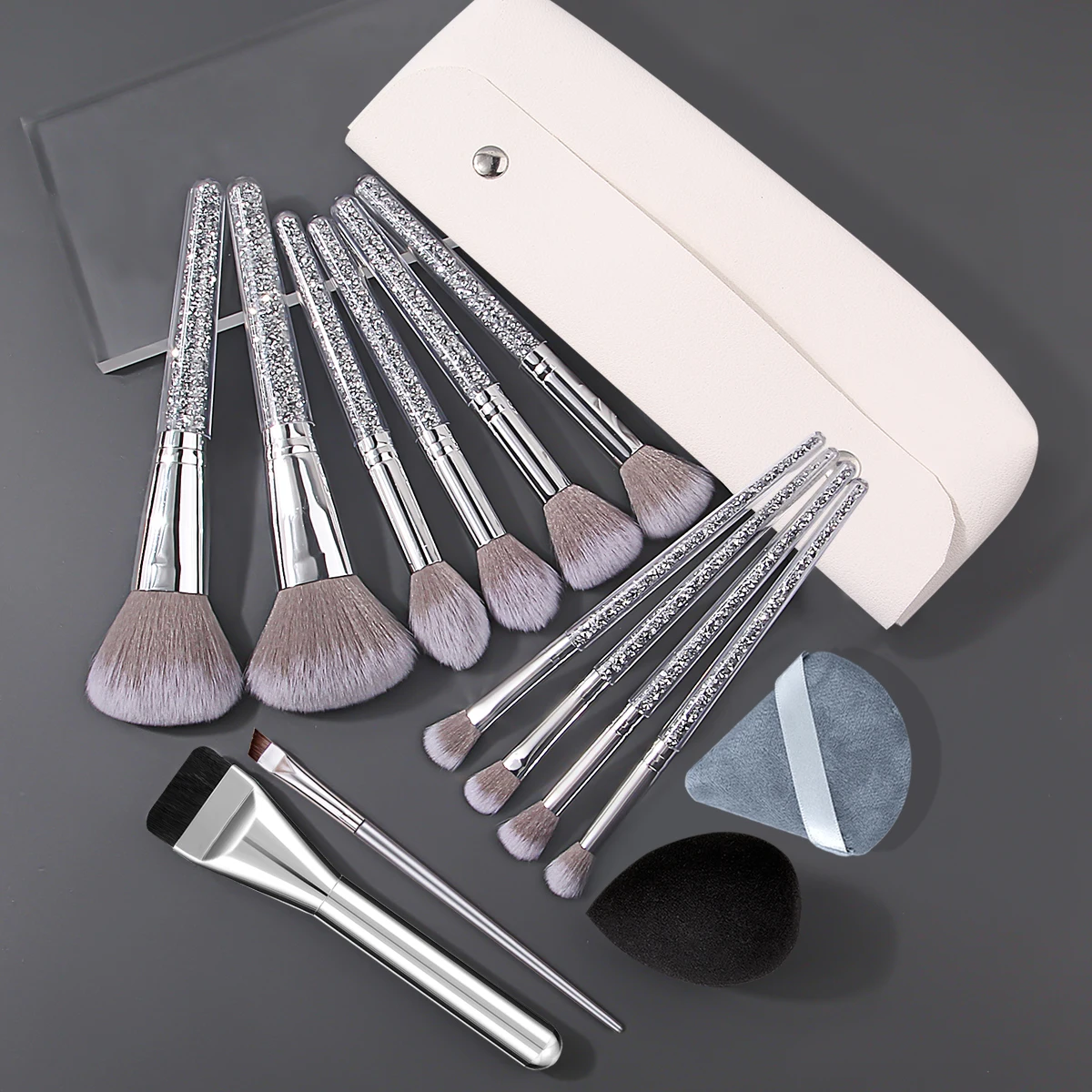 10/12/15/17pcs Professional Rhinestone Handle Makeup Brushes Set with Storage Bag Beauty Sponge Powder Puff for Face Eyes