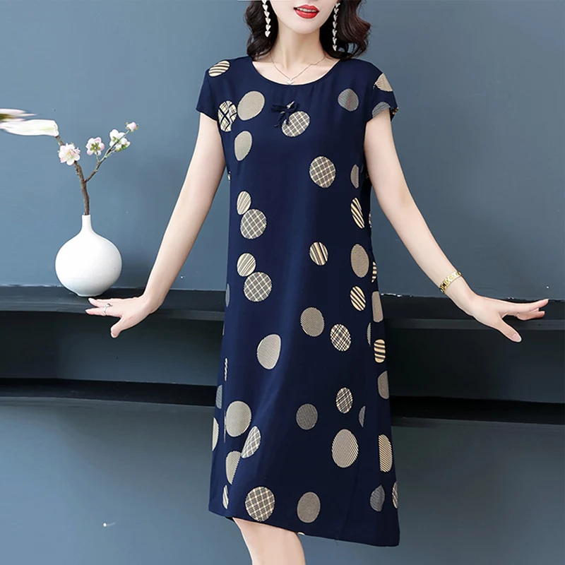 New Hot 2024 Casual Vintage Summer Dress For Women Print Flowers Short Sleeve O-neck Printing Elegant Dresses Women Clothing