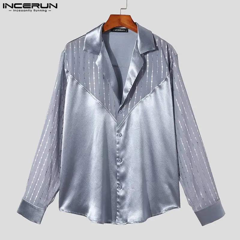 INCERUN-Camisas masculinas Glitter Sequin Patchwork V-Neck, Tops casuais na moda, estilo Clubwear masculino, blusa de manga comprida, S-5XL, 2024