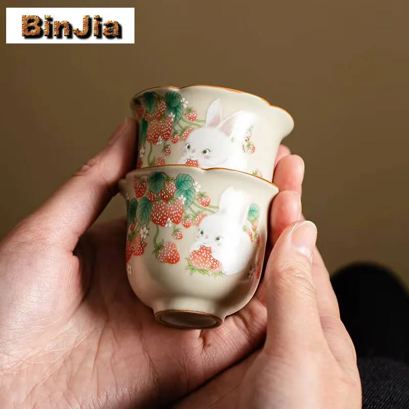 

2pc/Lot Retro Cream Ru Kiln Porcelain Teacup Cute Cat And Ceramic Tea Cups Pet Flower Mouth Master Cup Mugs Kung Fu Teasets 55ml