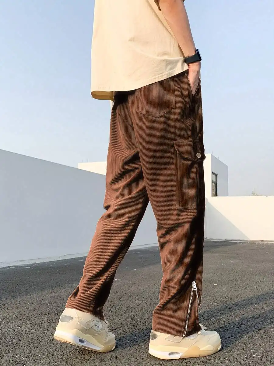 Fashionable Solid Color Corduroy Work Pants, Men'S Multi-Pocket Drawstring Casual Trousers, Street Style Hip-Hop Vibe, Men'S