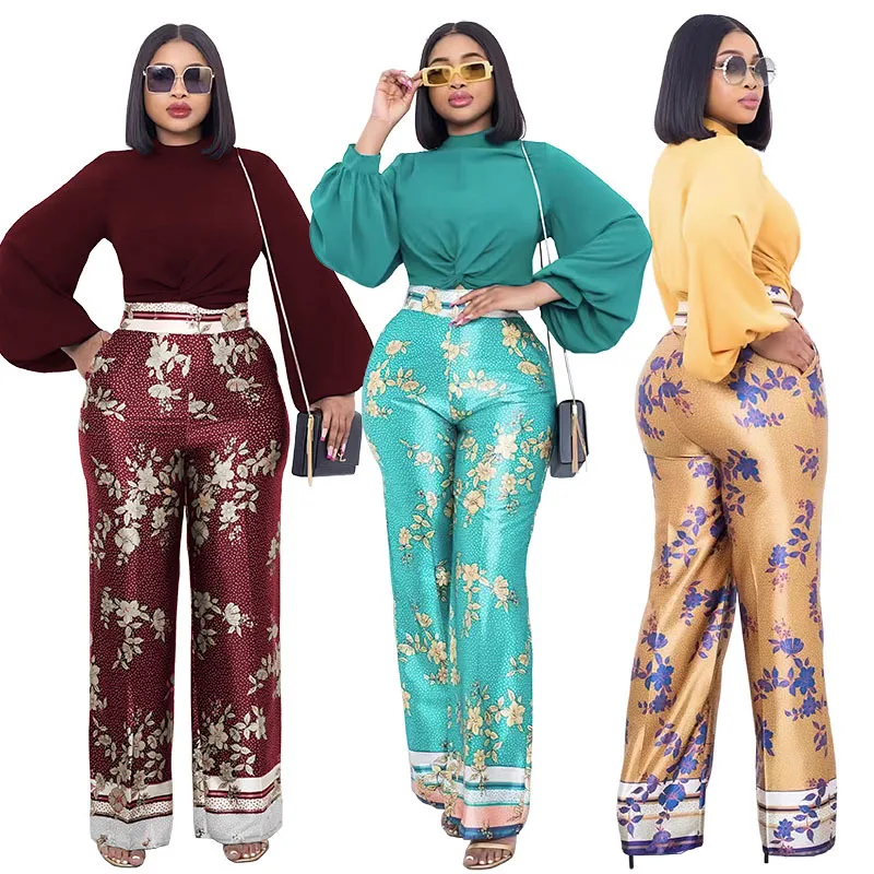 

Elegant Women 2 Piece Set Solid Long Sleeve Crop Top Printed Wide Leg Pants Matching Set 2023 Fall Winter Office Lady Tracksuits