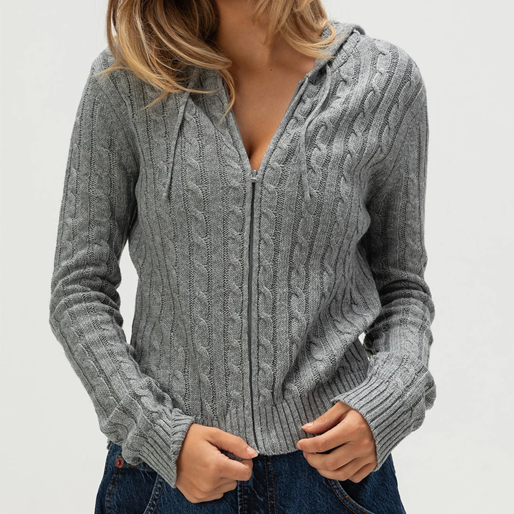 女性春秋ジップアップパーカーカーディガン Y2k ヴィンテージ長袖ニットセーター 90 年代ニットウェアコートジャケットストリートウェア