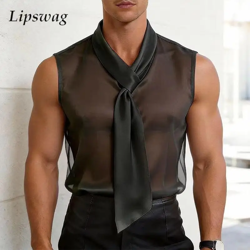 Nightclub Sexy See Through Mesh Vest Shirt Men Party Fashion Sleeveless Tie Wrap Collar Tank Tops Summer Mens Slim Fit Camisoles