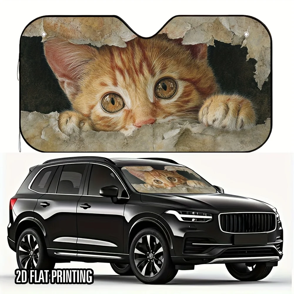 

1 шт. Автомобильный солнцезащитный козырек с принтом имбиря и котенка — белый с 4 присосками, складной дизайн для удобного хранения, защиты от ультрафиолета и тепла