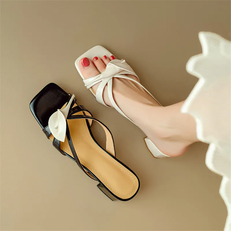 New Summer Slippers Split Leather Women Shoes Square Toe Shoes for Women Fashion Flower Slippers Mid Heels Sandals Handmade