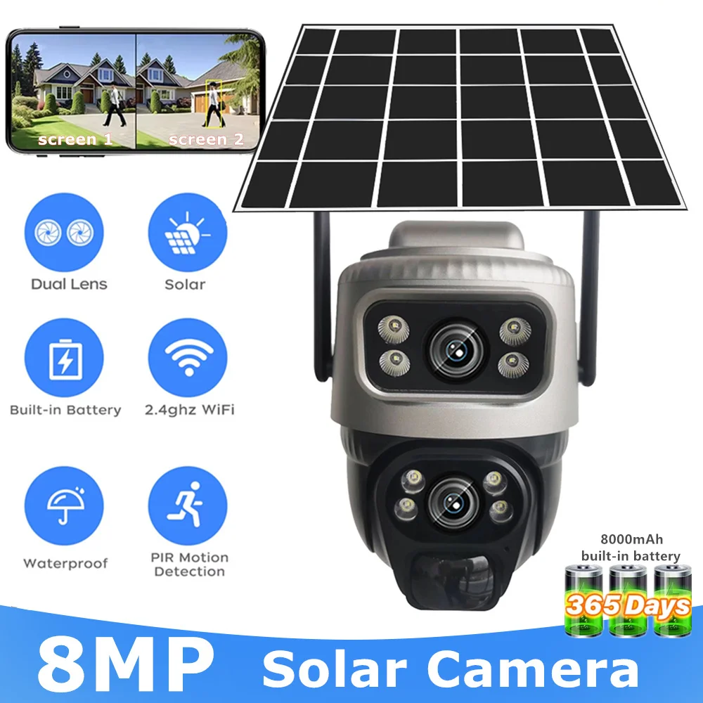 8MP 4K Solar Camera Wifi Outdoor HD Dual Lens 10X Zoom PTZ IP Cameras 360 Monitor Outdoor PIR Human Detection Night Vision CCTV