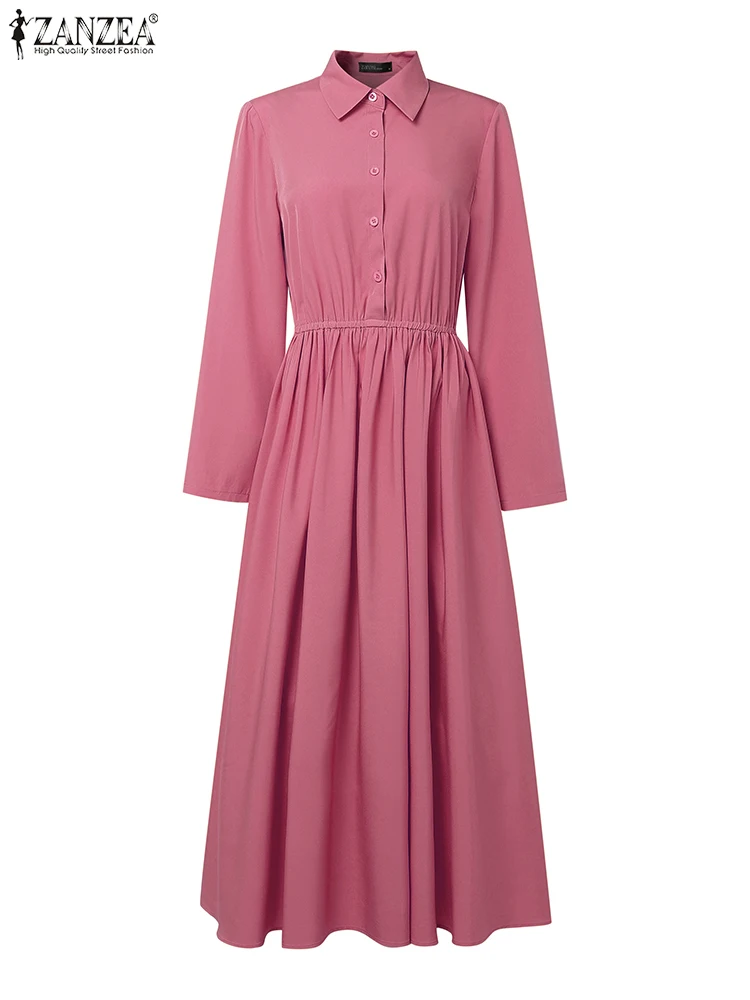 Zanzea feminino elegante camisa longa vestidos sem cinto outono manga longa maxi vestidos 2025 moda plissado escritório festa robe