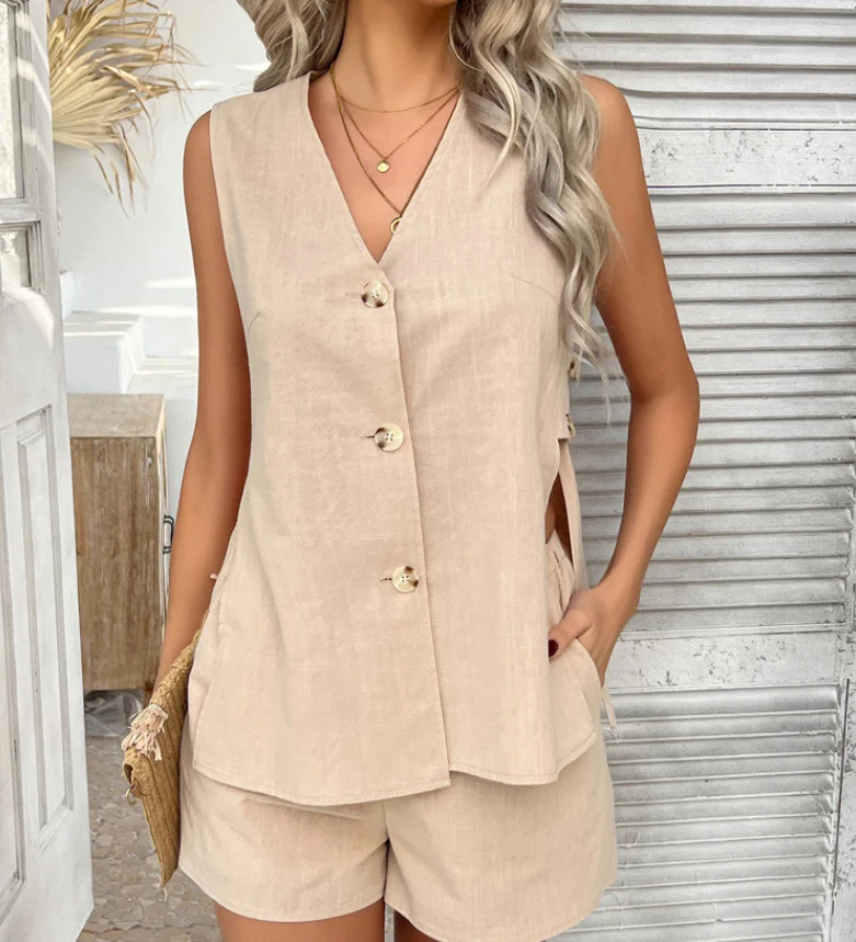 

2 Piece Sets Womens Outfits Leisure Vacation Style Cotton Solid Color Cardigan Camis Vest Tank Top Short Pants Set Clothing 2025