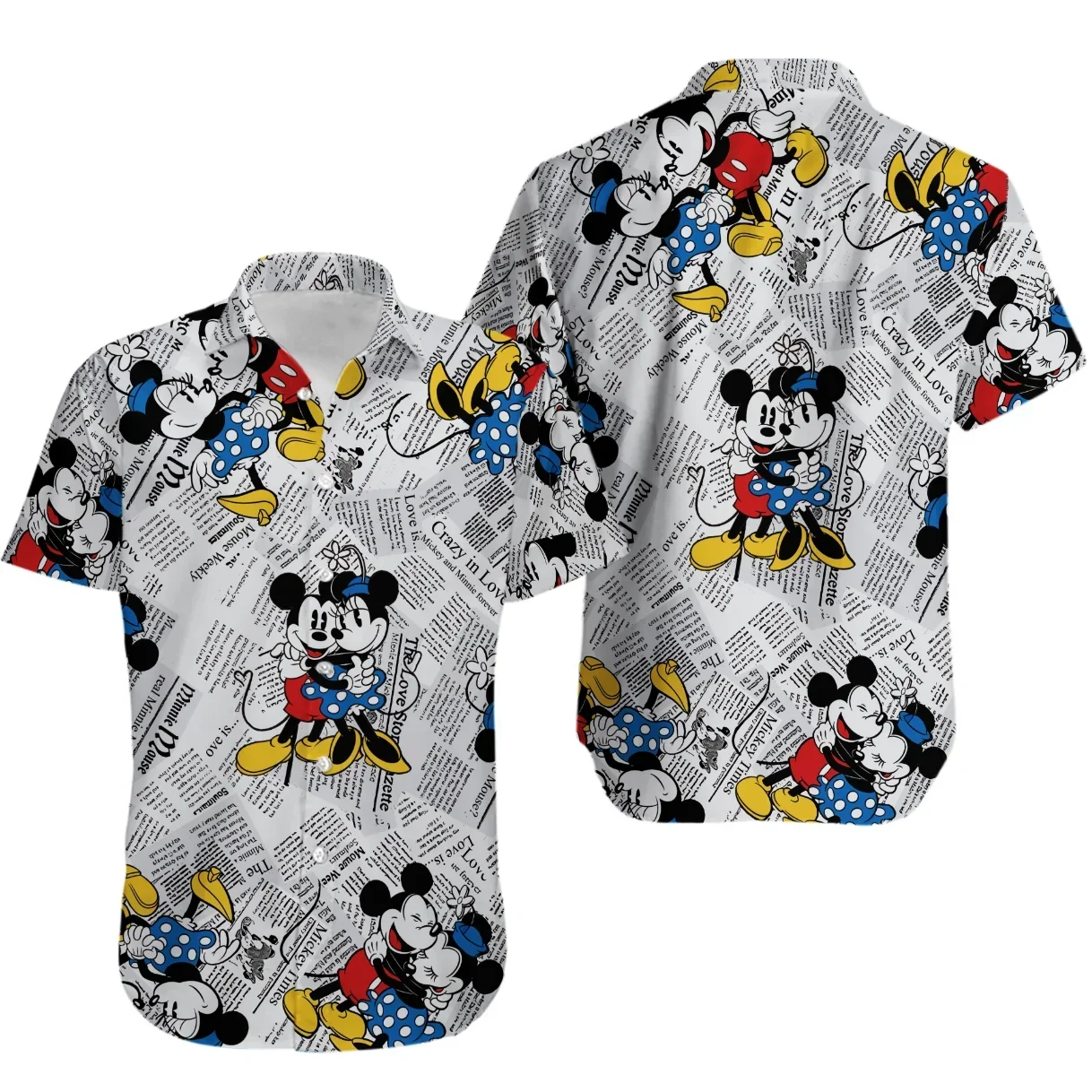 Camisas havaianas masculinas e femininas Mickey e Minnie Comic Book, camisas casuais de praia manga curta, moda infantil