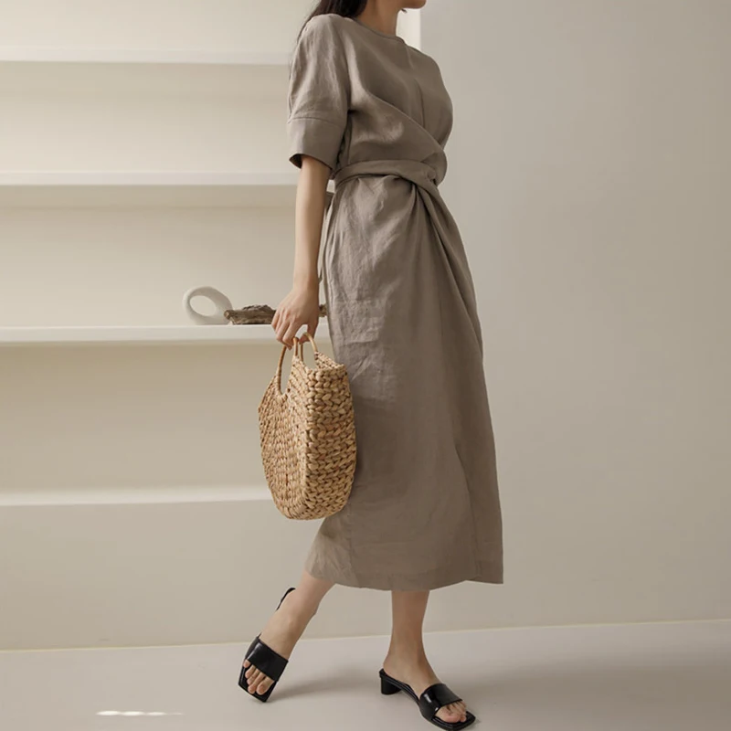 Johnature Summer New Korean Bandage Dress 2025 Solid Color O-neck Short Sleeve Loose Pockets Women Dresses