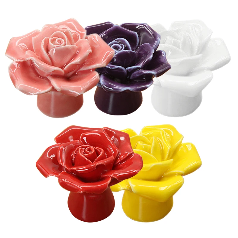 Wardrobe Handle Premium Easy To Install Durable Material Elegant Design Vibrant Colors Rose Pattern Ceramic Handle Cabinet Knob