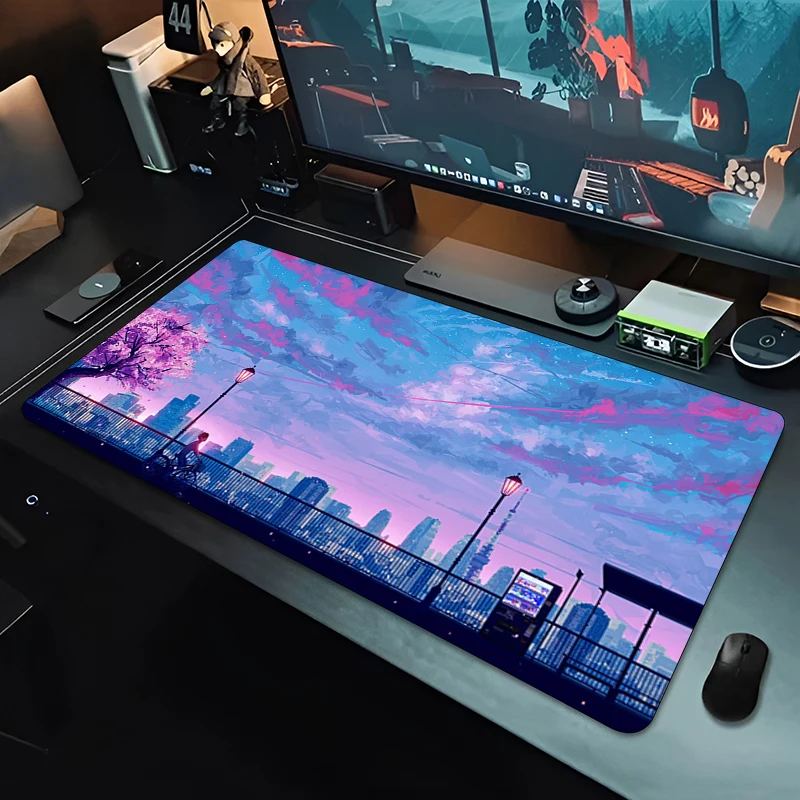 

Anime Sunset Sky City Landscape Large Gaming Mouse Pads Pastel Purple Pink Dusk Cloud Scenery Desk Mat Gamer Computer Mousepads