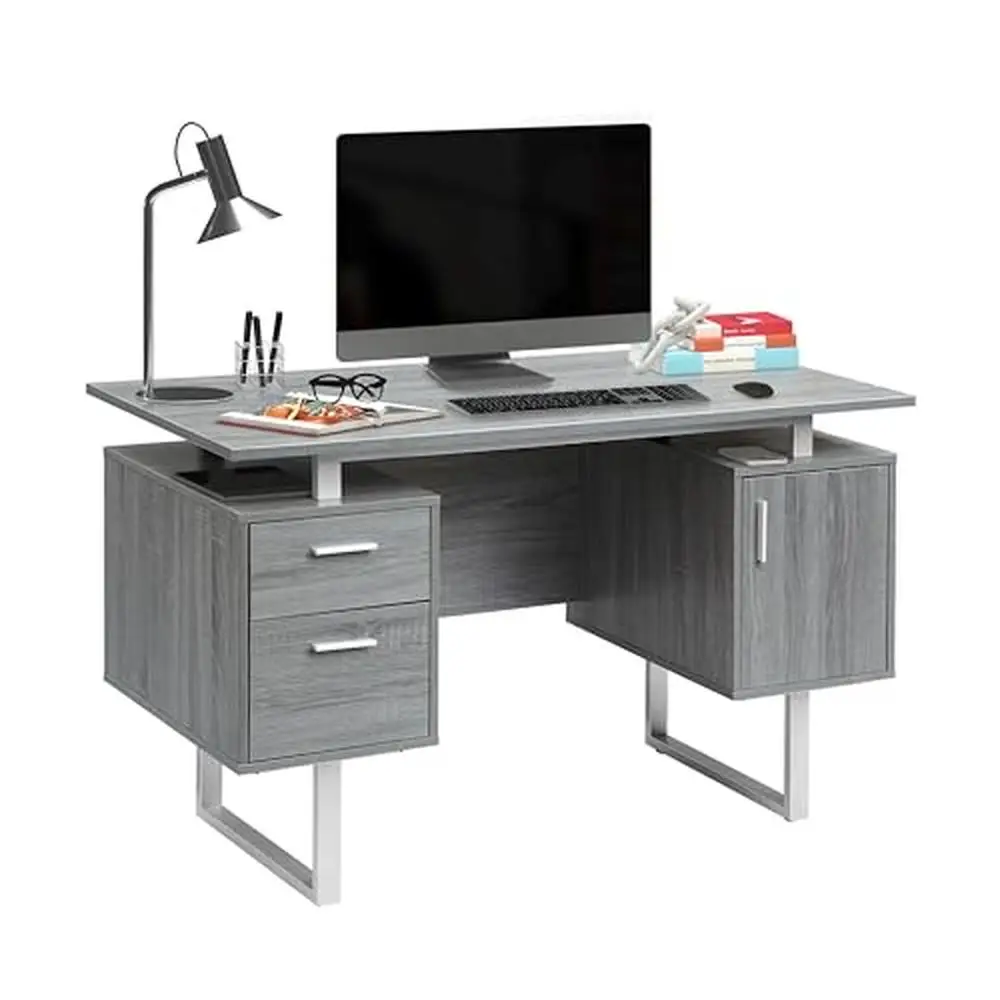 Gray Modern Office Desk with Storage Stylish  Organizing  Supplies Filing Drawers  Sliding Mechanism Space-saving