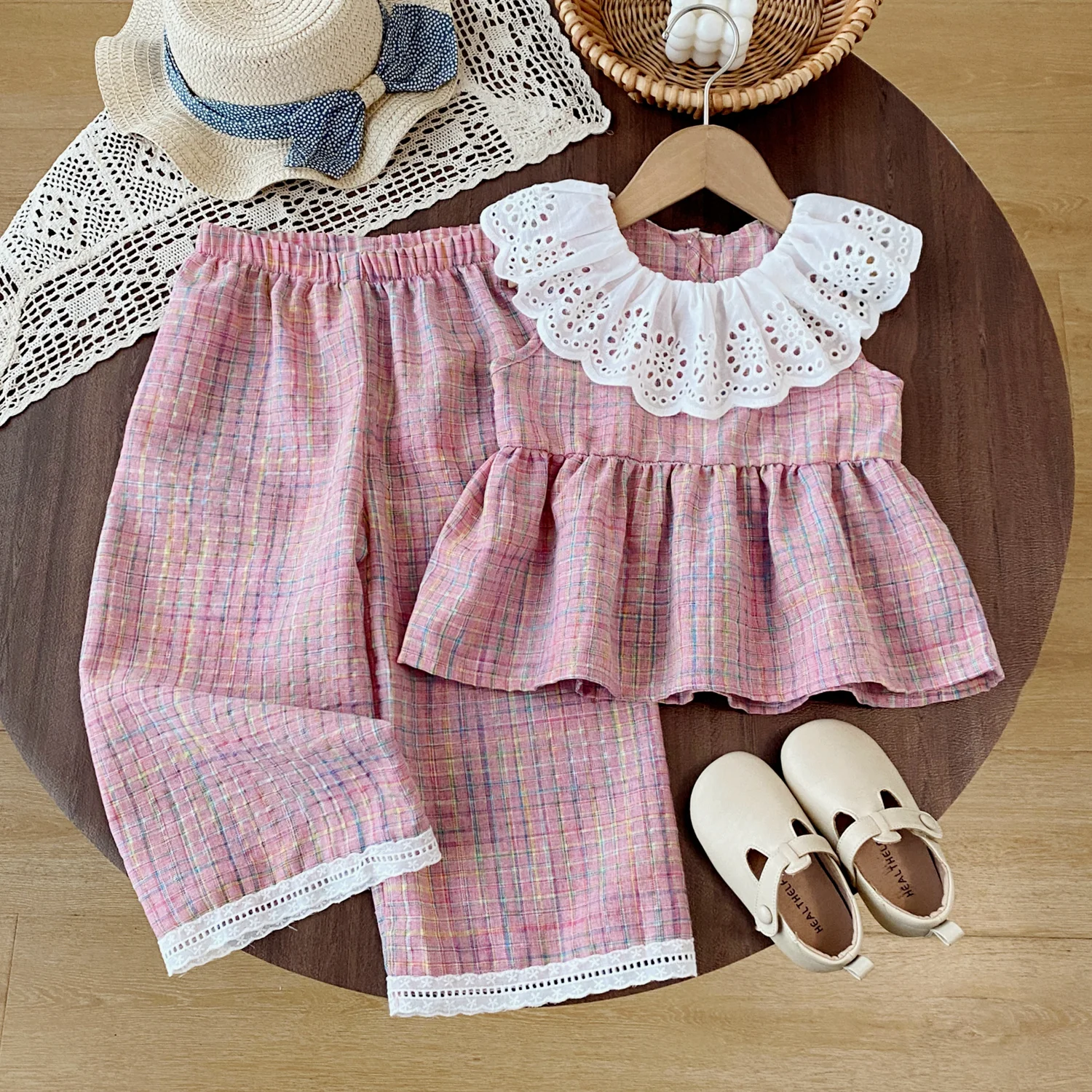 Summer Girl's Set Cute Lace Collar Plaid Vest Wide Leg Pants 2-piece Set Daily Sweet Children's Clothing
