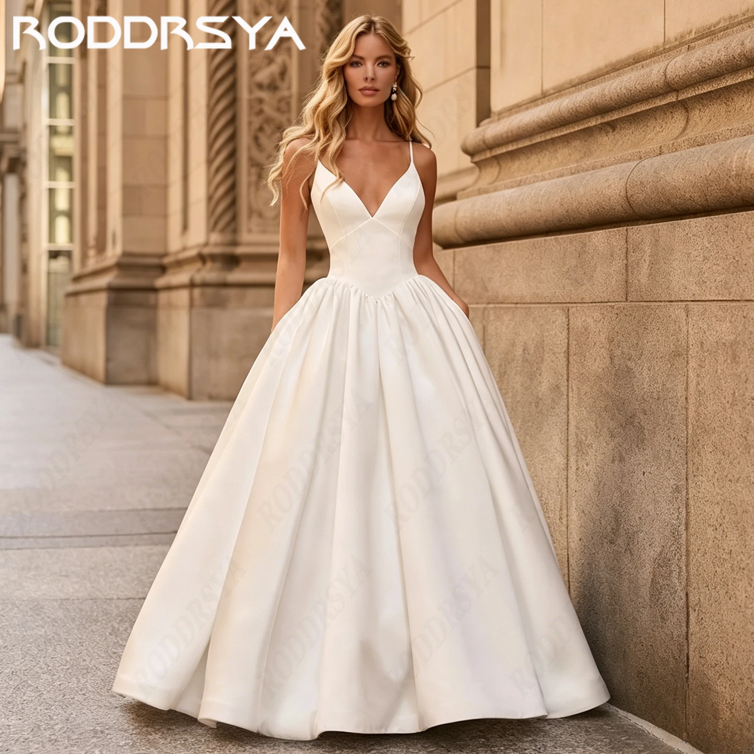 RODDRSYA 2026 Satin Wedding Dress With Pockets Spaghetti Strap Classic Open Back  A Line Bridal Dresses Customized robe longue