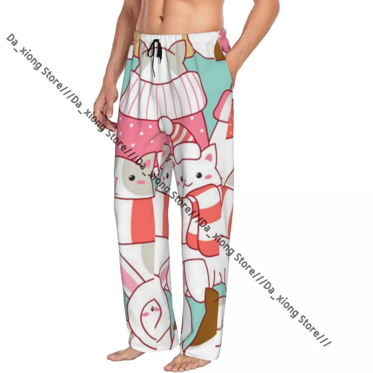 Mens Casual Pajama Long Pant Loose Elastic Waistband Christmas Cute Cats Texture Cozy Sleepwear Home Lounge Pants