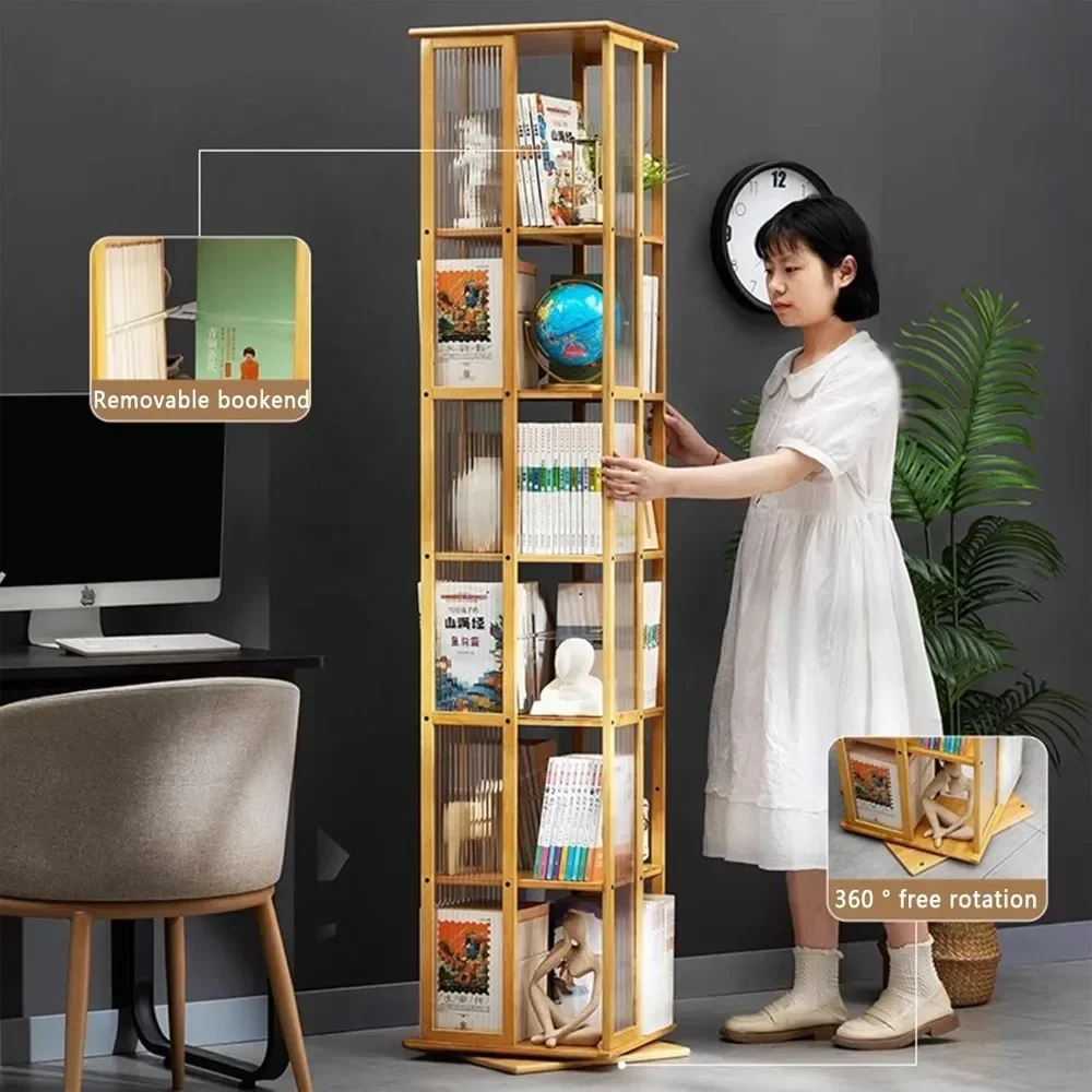 XMSJ-Vitrine avec porte d'armoire en acrylique, armoire de rangement avec 6 couches d'étagères de rangement, bibliothèque en bambou