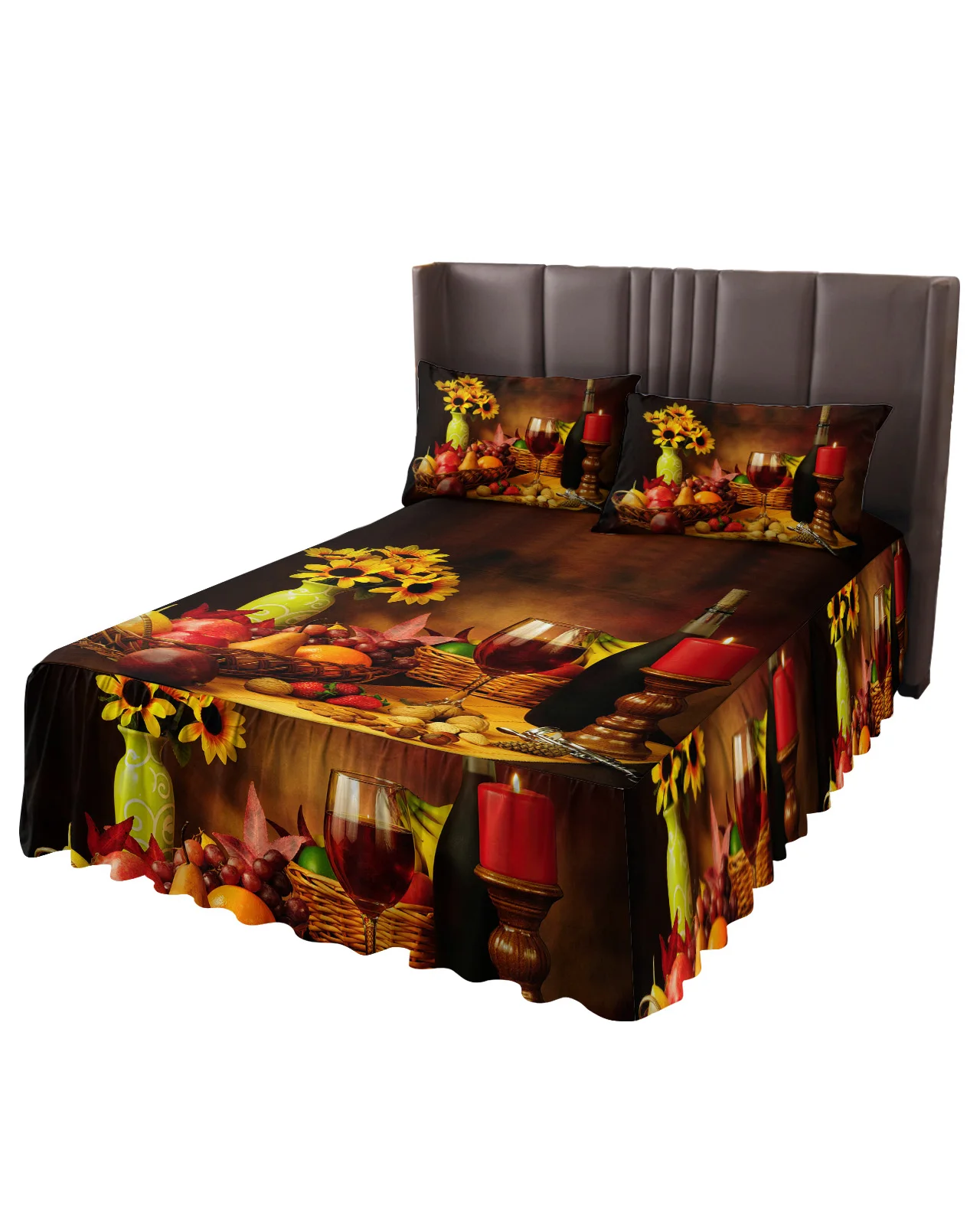 Vintage Country Style Fruit Food Wine Bed Skirt Elastic Fitted Bedspread With Pillowcases Mattress Cover Bedding Set Bed Sheet