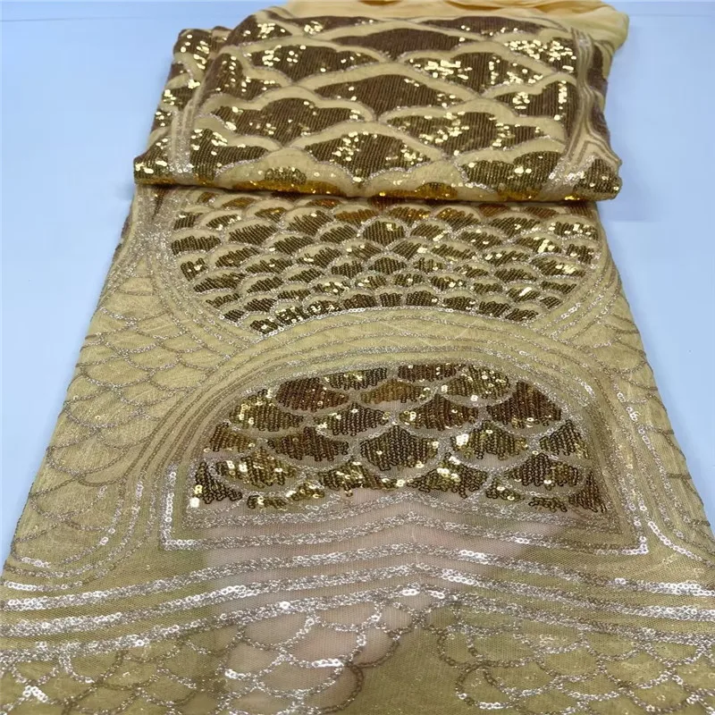 

5Yards Gold African Net Lace Fabric With Sequins 2022 High Quality French Tulle Lace Nigeria Guipure Material For Wedding Dress