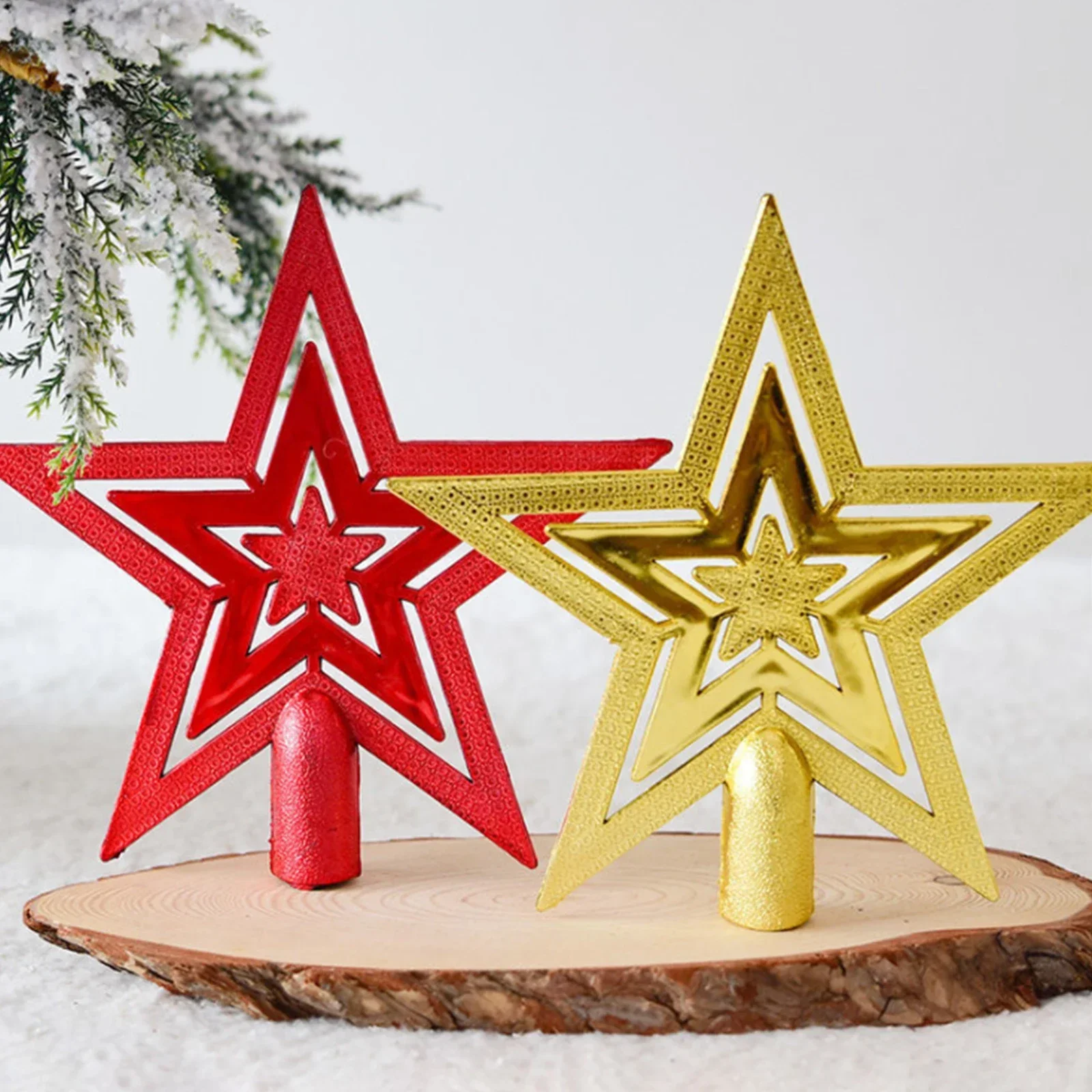 2Pcs Christmas Tree Top Decoration Golden/Red Plastic 10cm Pendant Five-Pointed Star, 2024 Christmas Decorations