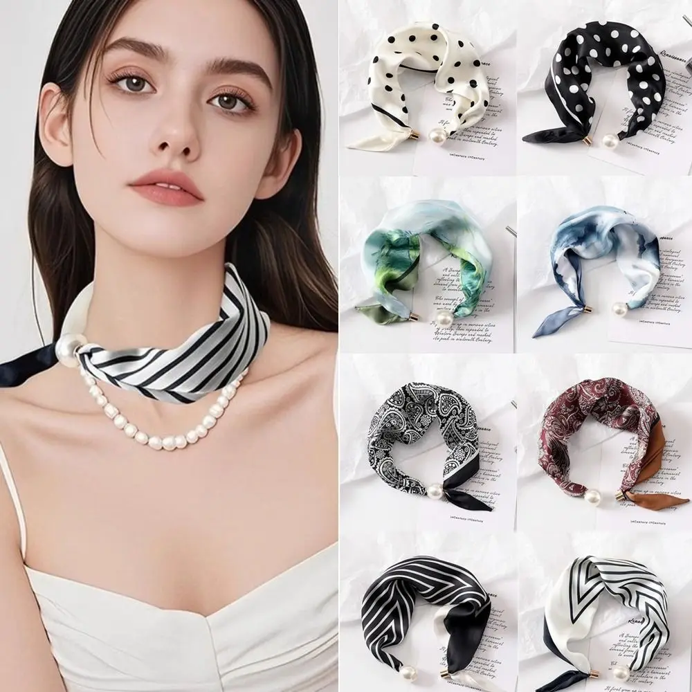 

New Pearl Buckle Silk Scarf Printed Thin Neck Scarf Soft Lightweight Neckerchief Women Neckerchief Neck Scarf