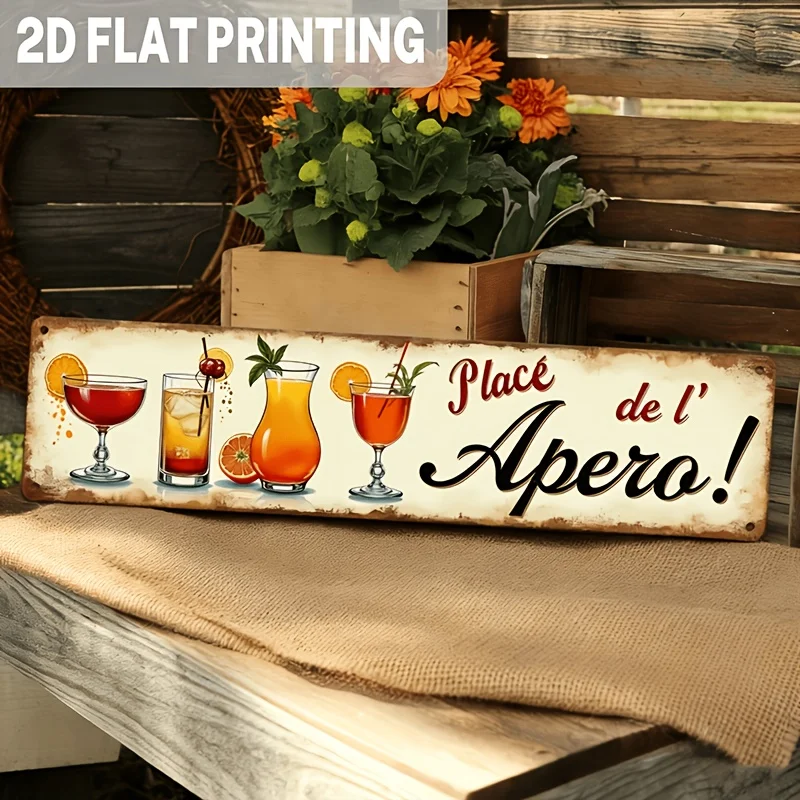 Letrero Metálico Vintage Francés, "Place De L'Apéro!" Placa Decorativa con Temática de Aperitivos, con Diseños de Cócteles y Frutas, Decoración de Pared para Bar.