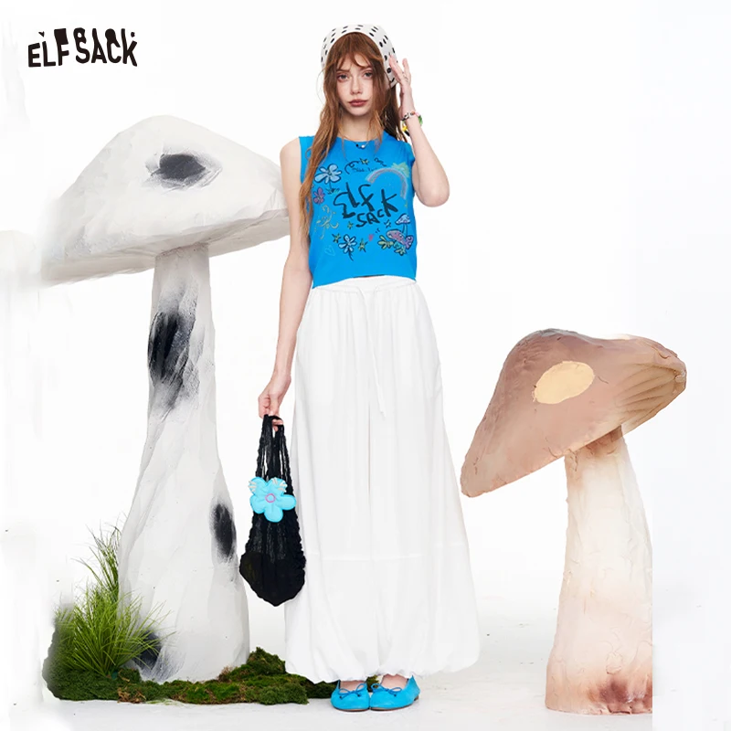 

ELFSACK Pink High-Waisted Wide Leg Pants, Elastic Drawstring Loose Balloon Pants, Casual Boho Streetwear Trousers