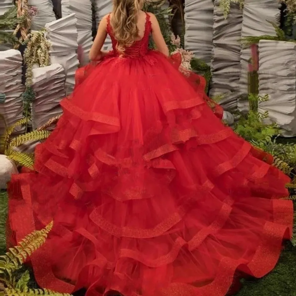 Vestidos de flores con volantes rojos para niña, tirantes finos de hombro, apliques escalonados, sin mangas, cuello en V, comunión, cumpleaños, boda, personalizado