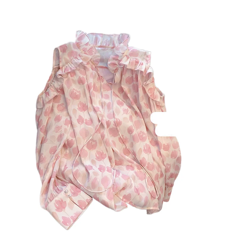 French Gentle Holiday Style Off-shoulder Floral Chiffon Shirt for Women in Summer New Design Ruffled Shirt